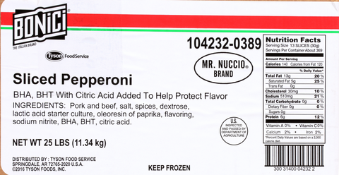 Tyson Mr.Nuccio Original Thick Slice Pepperoni Pizza Topping, 12.5 Pound -- 2 per case.