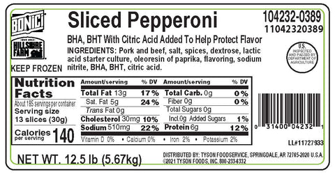 Tyson Mr.Nuccio Original Thick Slice Pepperoni Pizza Topping, 12.5 Pound -- 2 per case.