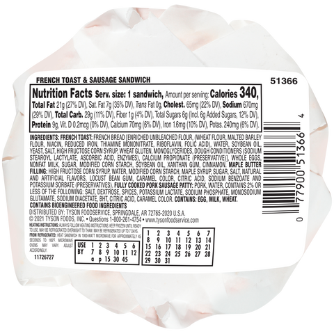 Jimmy Dean SANDWICH FRENCH TOAST & SAUSAGE 3.6 OZ 10000051366