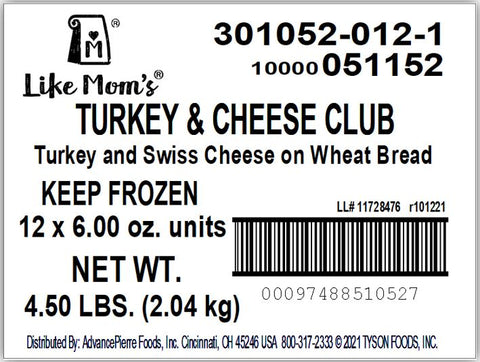 Mom's SANDWICH TURKEY & CHEESE CLUB TURKEY AND SWISS CHEESE ON WHEAT BREAD 6 OZ 10000051152