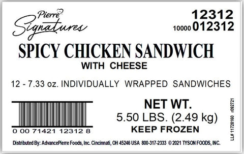 Pierre Signatures® SANDWICH SPICY CHICKEN WITH CHEESE 7.75 OZ 10000012312