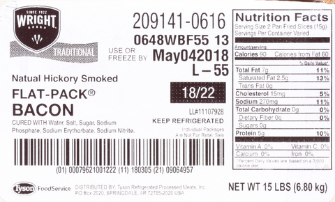 Wright Traditional 18 22 Natural Hickory Smoked Flat Pack Bacon, 15 Pound.