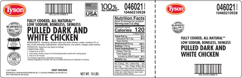 Tyson® CHICKEN PULLED REVERSE BLEND DARK/WHITE 100% ALL NATURAL NAE 65/35 10460210928