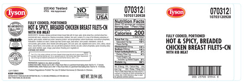 Chicken Breast Whole Grain Breaded Hot 'n Spicy Made W/ Whole Muscle Fillet 3.75 Oz 70312-0928