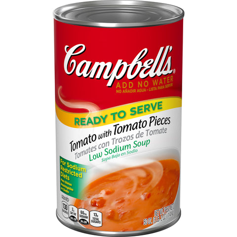 Campbells Ready To Serve Low Sodium Tomato Soup w/ Tomato Pieces - 50 oz. can, 12 per case