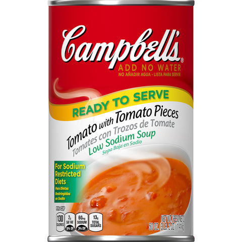 Campbells Ready To Serve Low Sodium Tomato Soup w/ Tomato Pieces - 50 oz. can, 12 per case