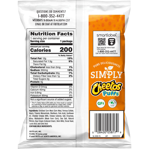 Cheetos Simply White Cheddar Puffs, 1.25 Ounce Plastic Bag -- 64 per case.