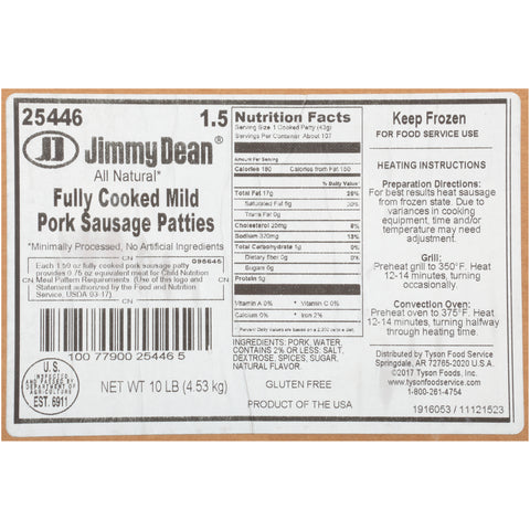 Jimmy Dean Mild Sausage Patties, 1.5 ounce -- 107 per case