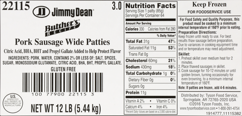 Jimmy Dean Wide Butchers Recipe Stuffed/Sliced Sausage Patties, 3 Ounce -- 64 per case.