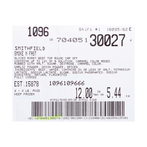 Smithfield Fully Cooked Sliced Roast Beef, 2 Pound -- 6 per case