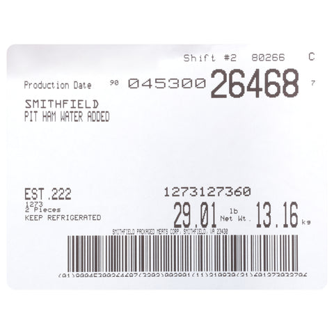 Armour Deli Pitt Brand Smoked Ham - Water Added, 11.5 Pound -- 2 per case.