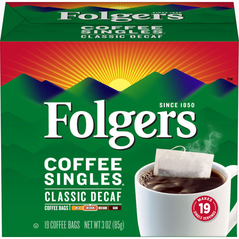 Folgers Decaffeinated Coffee Singles - 19 coffee bags per box, 12 boxes per case