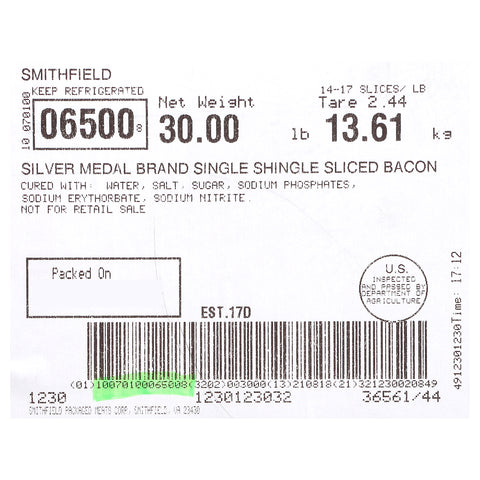 John Morrell Casino Gold Single Shingle Hardwood Smoked Bacon, 30 Pound
