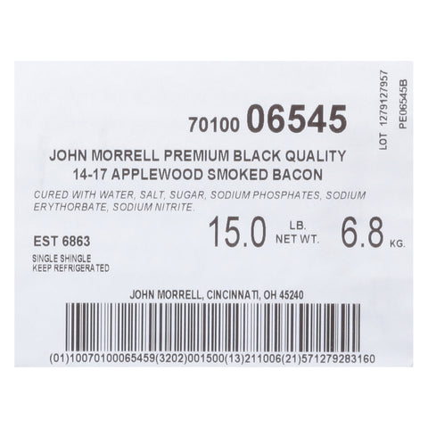 John Morrell Single Shingle Applewood Smoked Bacon 14/17 Count, 15 Pound