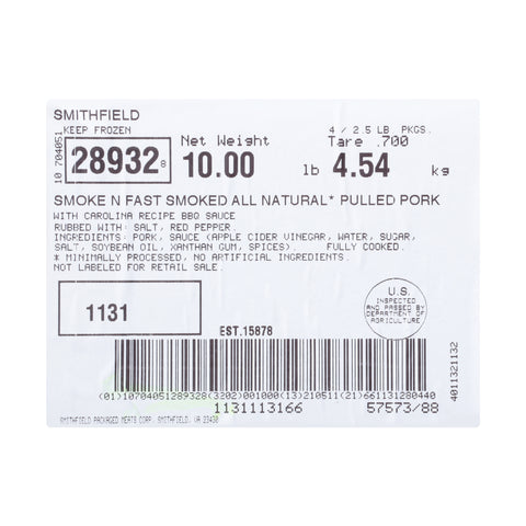 Smithfield Smoke'NFast Shredded Carolina Pulled Pork, Hickory Smoked, 4/2.5 lb, Frozen