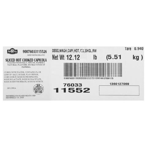 Carando (CDO) CAPICOLA HOT SEMI DRY SLICED 40 SLICE/LB