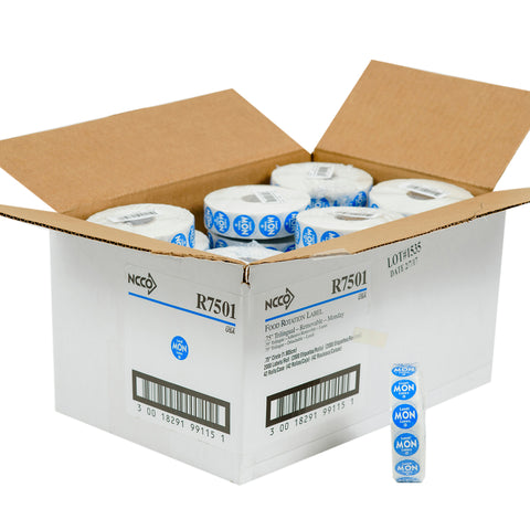 National Checking Company Dateit Blue Trilingual Removable Label - Monday, 0.75 inch Circle -- 2000 per case.