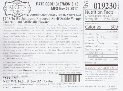 Tortilla Wrap Cheese Jalapeno Flavored 12