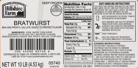 Bratwurst Link American-style Raw 4:lb 5.5