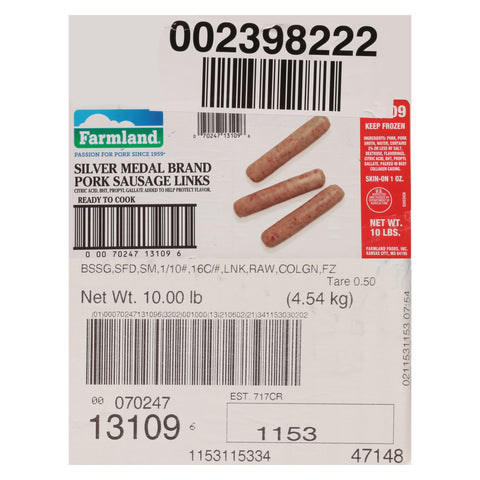 Farmland Silver Medal 58 Percent Lean Smoked Pork Sausage Link, 1 Ounce.