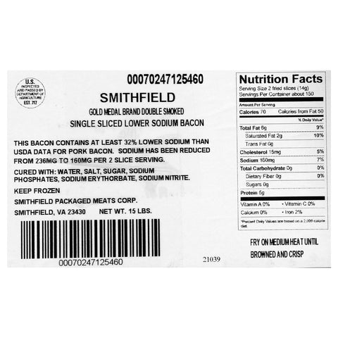 Farmland Gold Medal Single Shingle Certified Low Sodium Sliced Bacon 18-22 Slices, 15 Pounds