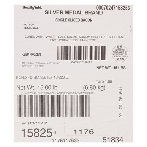 Smithfield RTC Bacon, Silver Medal, Single Sliced, 18-22 Slices per lb, 15 lb, Frozen