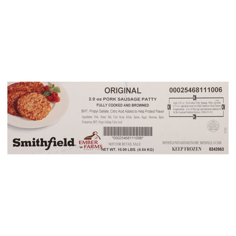 Farmland Ember Farms Fully Cooked Original Pork Sausage Patty, 2 Ounce.