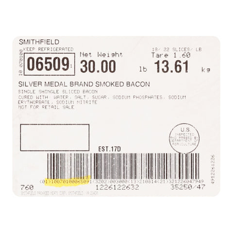 John Morrell Casino Gold Single Shingle Hardwood Smoked Bacon 18/22 count, 30 Pound