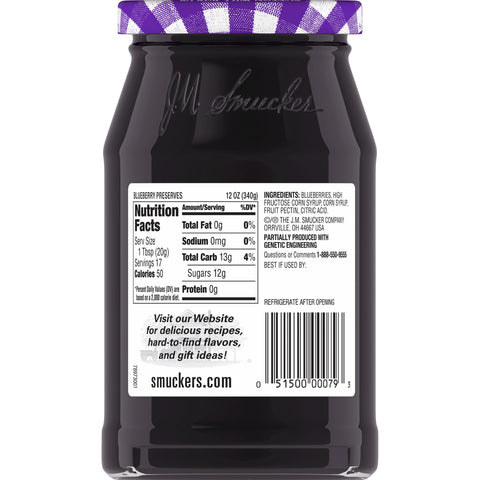 Smuckers Blueberry Preserves, 12 Ounce -- 12 per case.