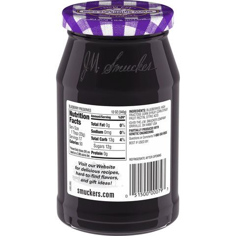 Smuckers Blueberry Preserves, 12 Ounce -- 12 per case.
