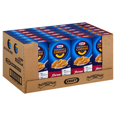 Kraft Dry Three Macaroni and Cheese Dinners Entree, 7.25 Ounce -- 24 per case.