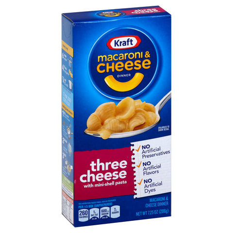 Kraft Dry Three Macaroni and Cheese Dinners Entree, 7.25 Ounce -- 24 per case.