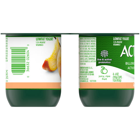 Activia Peach Lowfat Yogurt, 4 Ounce -- 24 per case.