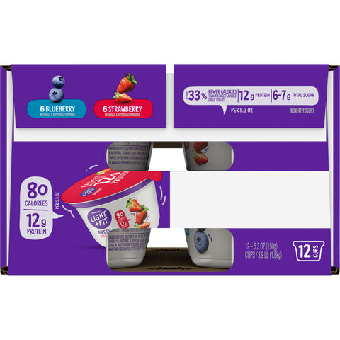 Light and Fit Greek Blueberry and Strawberry Nonfat Yogurt, 5.3 Ounce - 12 per pack.