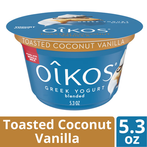 Oikos Toasted Coconut Vanilla Traditional Greek Yogurt, 5.3 Ounce -- 12 per case.