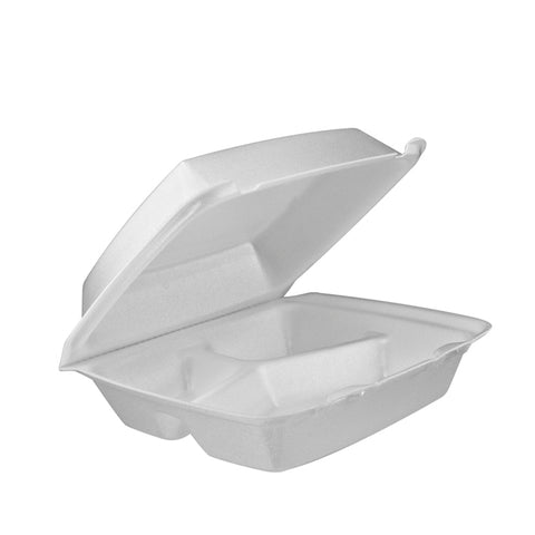 Dart Extruded Polystyrene Medium White Three Compartment Insulated Foam Container, 8.4 x 8 x 3.2 inch -- 200 per case