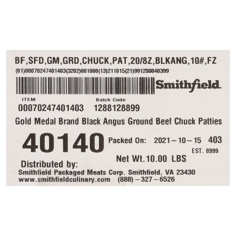 Gold Medal (SF) BEEF PATTY GROUND BLACK ANGUS FROZEN 8 OZ