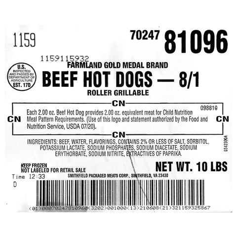 Farmland Gold Medal Beef Hot Dog - 8:1.