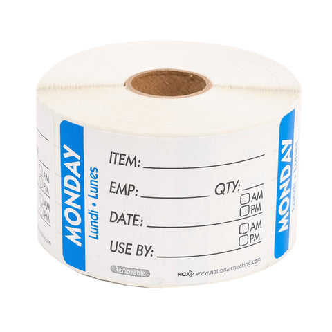National Checking Company Dateit Blue Trilingual Item/Date/Use By Removable Label - Monday, 2 x 3 inch -- 500 per case.