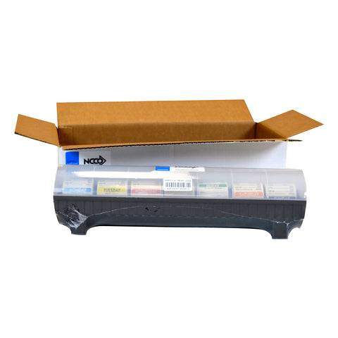 National Checking Labelocker Durable Plastic Dispenser with 7 Rolls of the 2 x 2 Day of the Week Dissolvable Labels.
