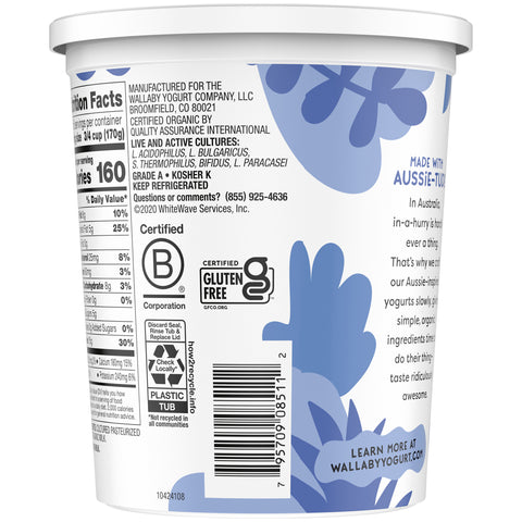 Wallaby Organic Plain Whole Milk Greek Yogurt, 32 Ounce -- 6 per case