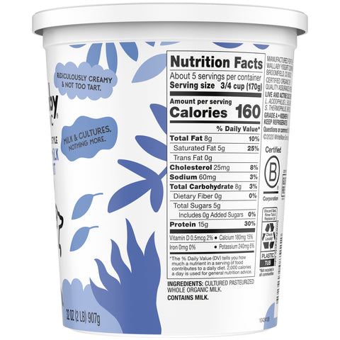 Wallaby Organic Plain Whole Milk Greek Yogurt, 32 Ounce -- 6 per case