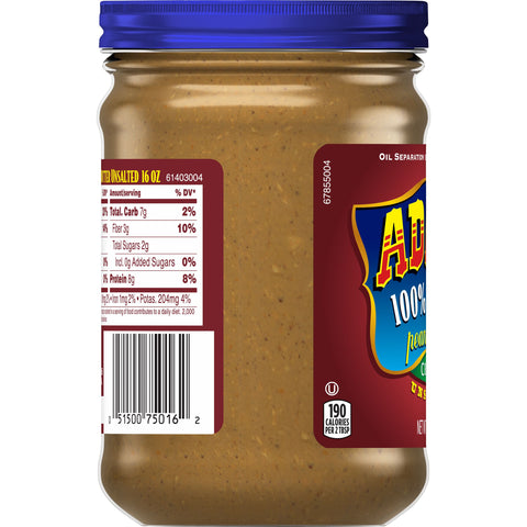 Adams Natural Unsalted Crunchy Peanut Butter, 16 Ounce -- 6 per case.