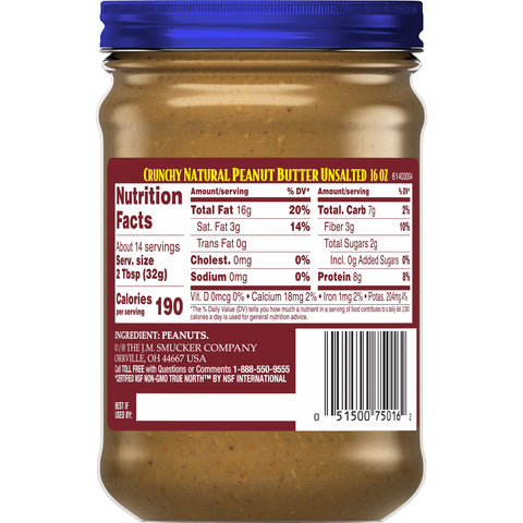 Adams Natural Unsalted Crunchy Peanut Butter, 16 Ounce -- 6 per case.