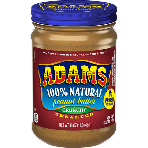 Adams Natural Unsalted Crunchy Peanut Butter, 16 Ounce -- 6 per case.