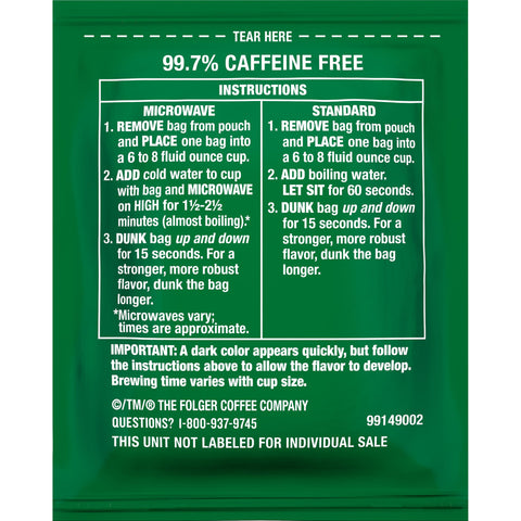 Folgers Decaffeinated Coffee Singles - 19 coffee bags per box, 12 boxes per case