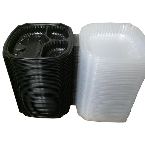 Container Plastic Hinged Black Base Clear Lid 3-compartment Cl91031 10.5x9.5