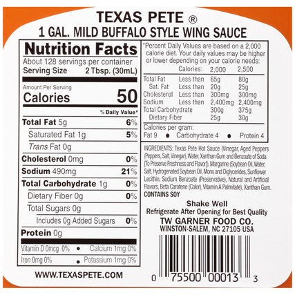 Texas Pete Chicken Wing Sauce, Mild, 1 Gallon -- 4 Case