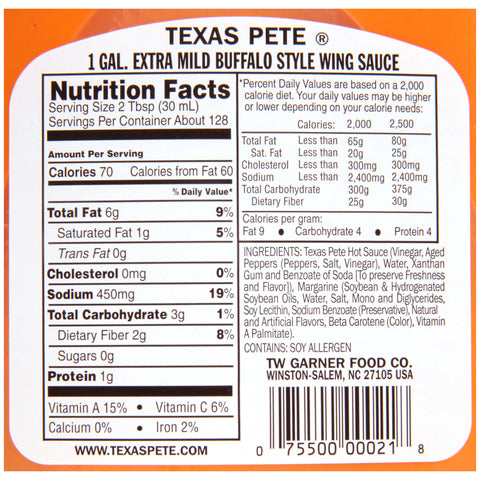 Texas Pete Wing Sauce Extra Mild, 1 Gallon - 4 Case