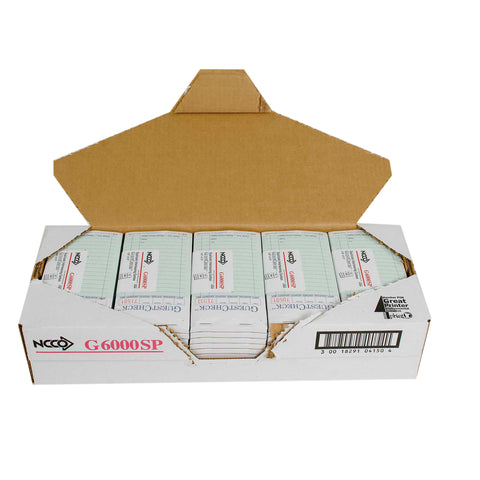 National Checking Company Interleaving Carbon Guest Check Paper - 2 Part Green, 17 Line, 3.5 x 6.75 inch -- 2500 per case.